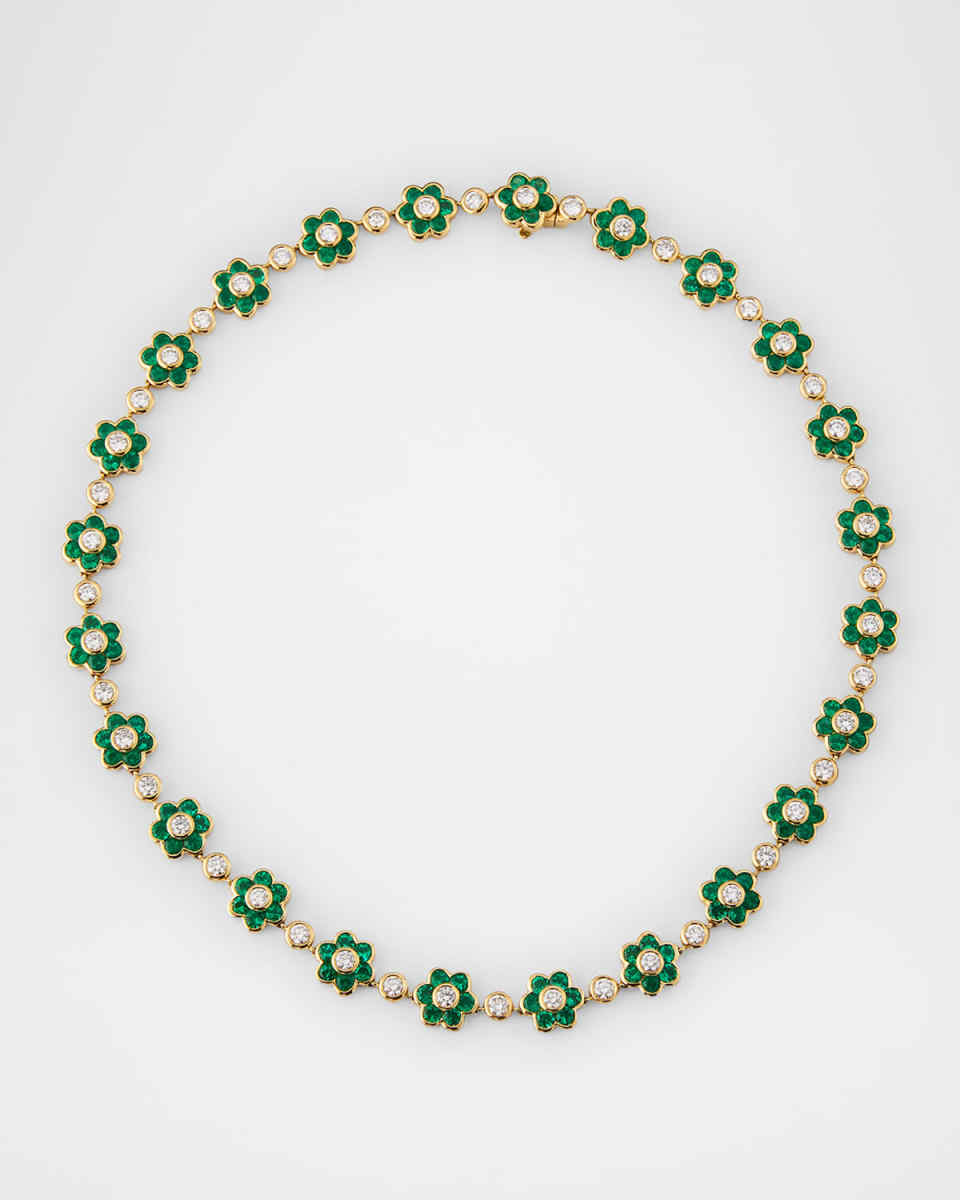 18K Yellow Gold Colombian Emerald and Diamond Flora Choker